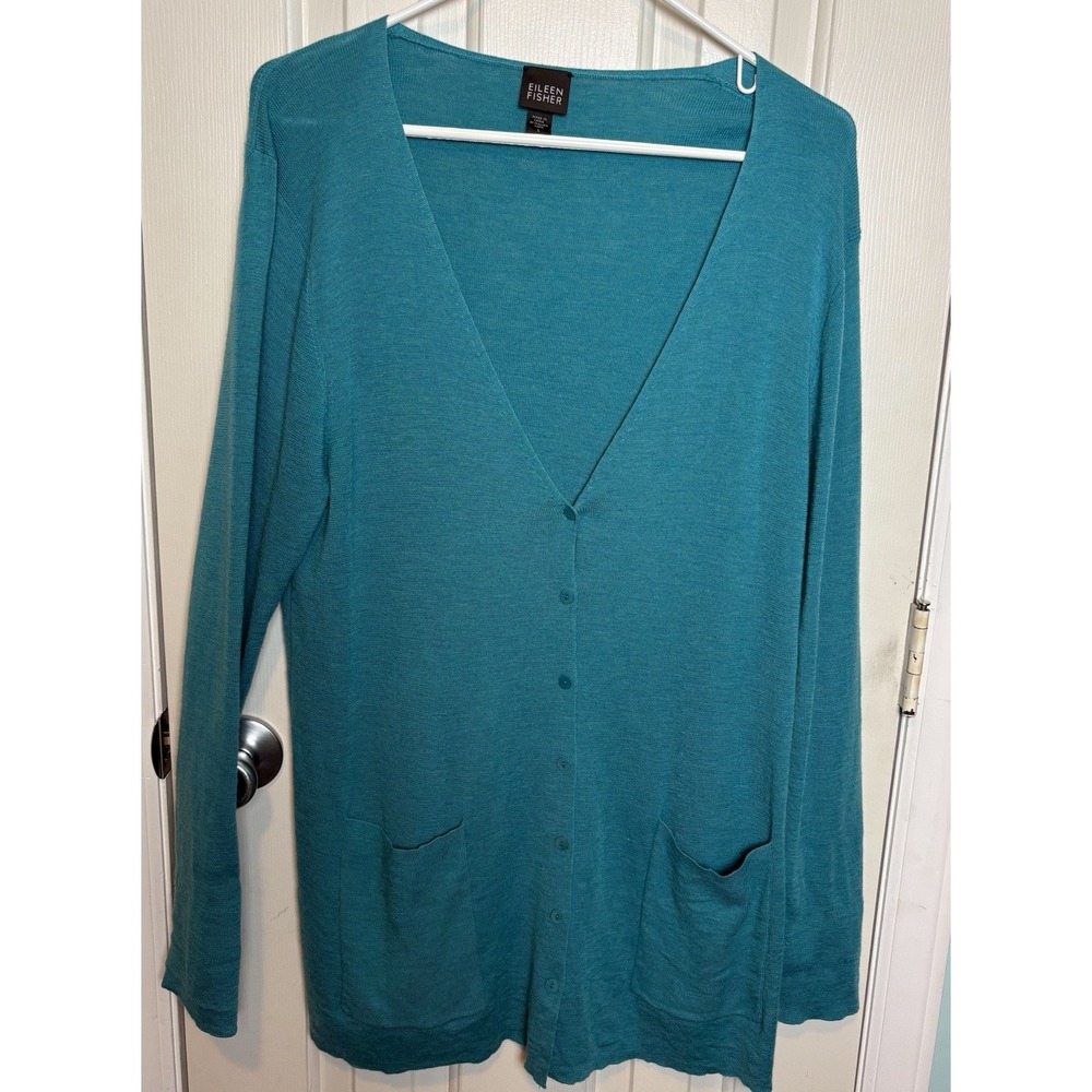 Eileen Fisher 100% Merino Wool Knit Cardigan Sweater Large Teal